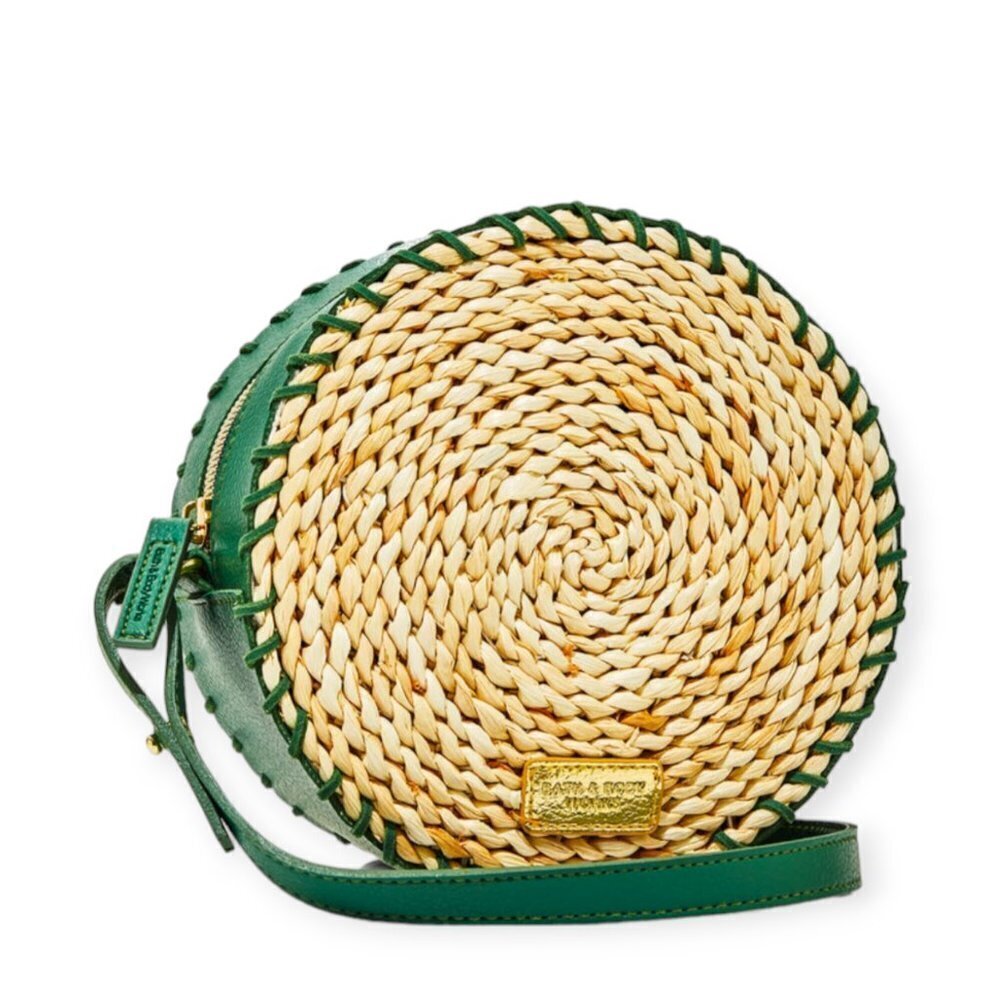 Bath & Body Works Round Woven Crossbody Bag Green Trim Summer Beach Purse NWT